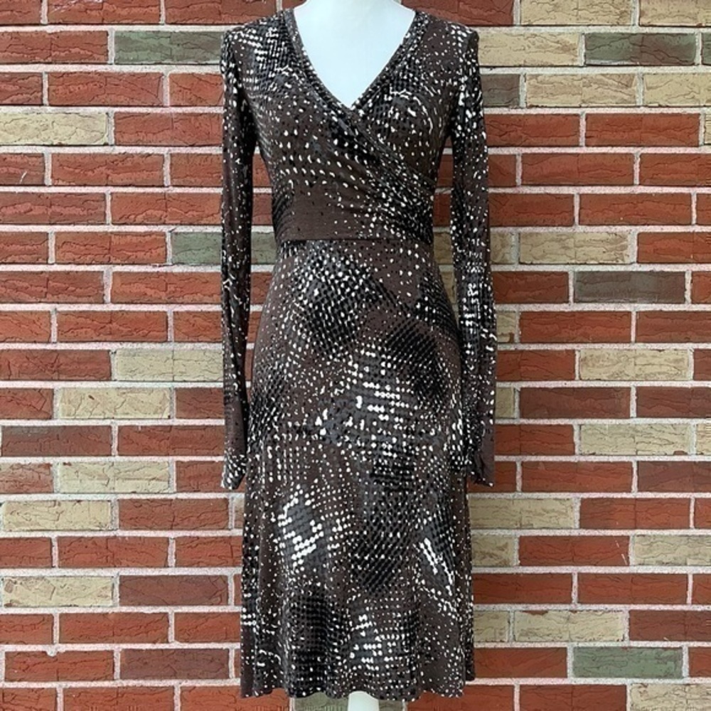 CAbi Dappled Dots Faux Wrap Brown Gray Long Sleeve Dress 👗